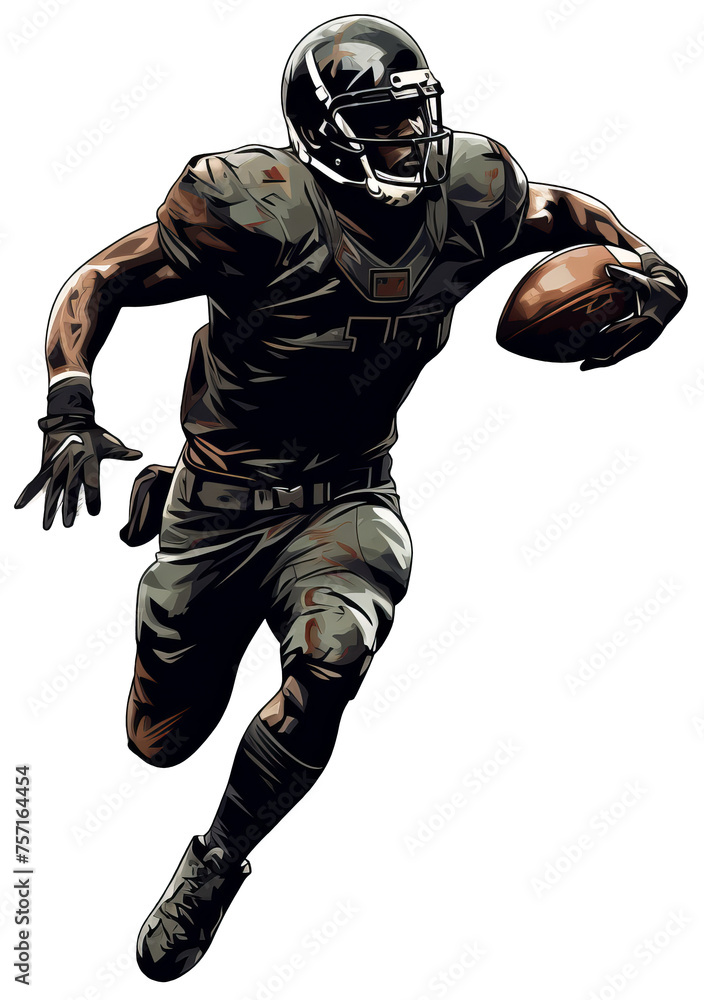 An American football player runs with a ball in his left hand. Watercolor paint. Transparent isolated background
