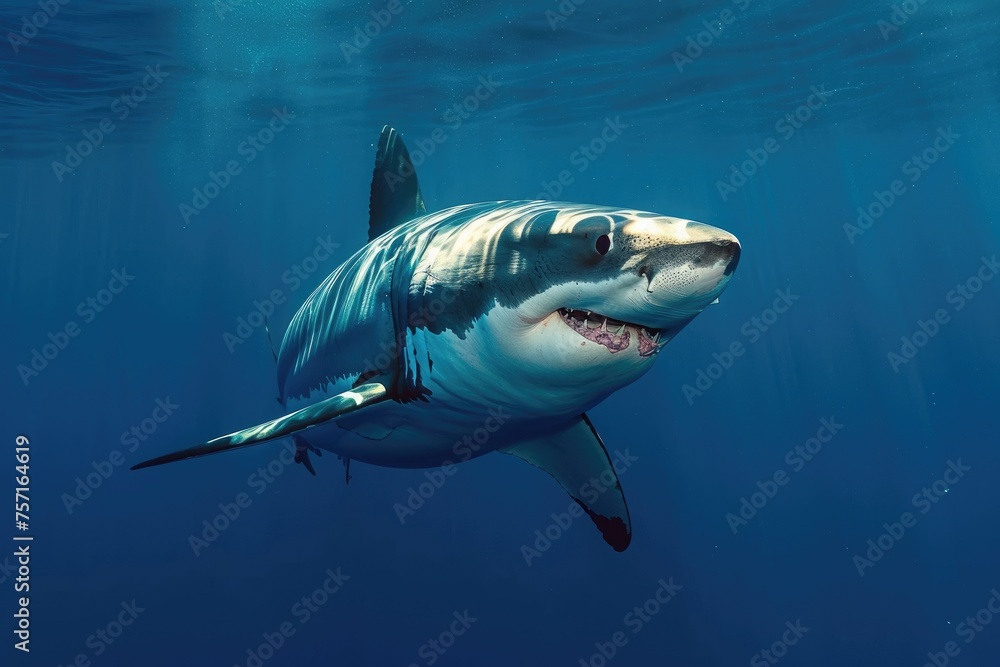 Naklejka premium Great White Shark Swimming in Ocean, Majestic and Powerful Predator in Its Natural Habitat, A fascinating Great White Shark patrolling the depths of the ocean, AI Generated