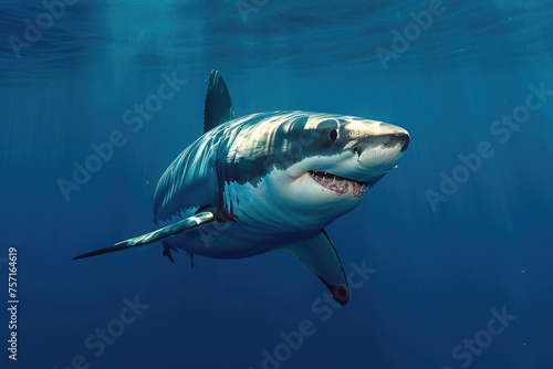 Great White Shark Swimming in Ocean, Majestic and Powerful Predator in Its Natural Habitat, A fascinating Great White Shark patrolling the depths of the ocean, AI Generated