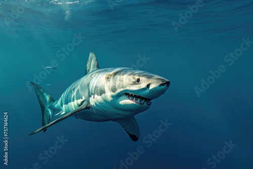 Witness the awe-inspiring sight of a massive great white shark gracefully traversing the open waters, A fascinating Great White Shark patrolling the depths of the ocean, AI Generated