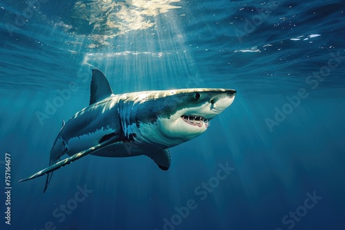 A great white shark gracefully glides through the deep blue waters of the ocean, A fascinating Great White Shark patrolling the depths of the ocean, AI Generated