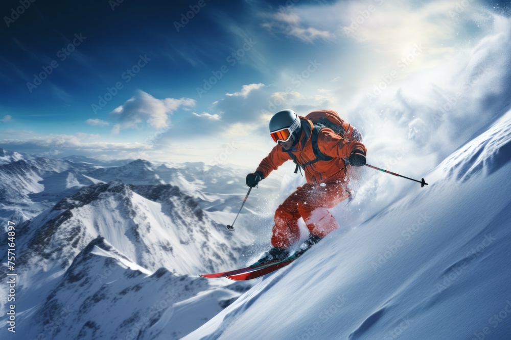 Skier skiing down mountain with scenic view.