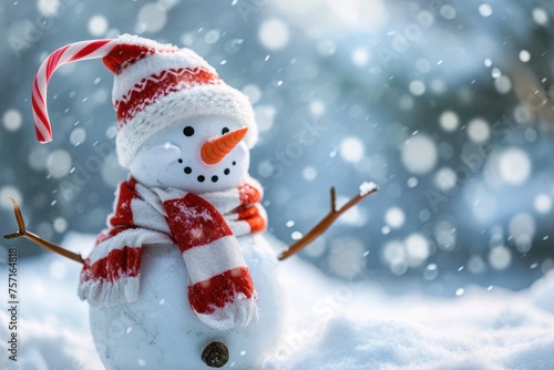 A lively snowman adorned with a vibrant red and white hat and scarf, standing out amidst a snowy winter scene, A festive snowman with a candy cane striped scarf and a carrot nose, AI Generated © Iftikhar alam