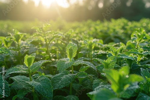 Vibrant Field With Sunlit Green Plants Brings Natural Beauty and Serenity, A field full of fresh mint leaves under the morning sun, AI Generated