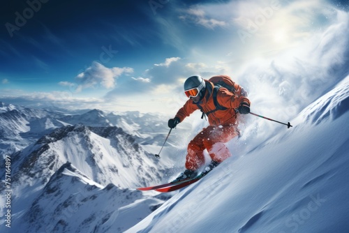 Skier skiing down mountain with scenic view. photo