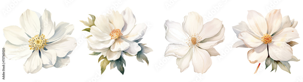 Watercolor set with white anemone flowers