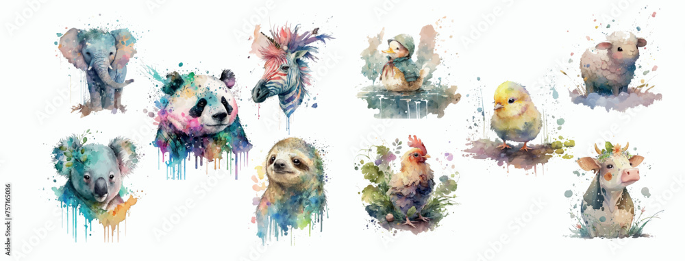 Fototapeta premium Vibrant Watercolor Collection of Cute Forest Animals: Detailed Artistic Illustrations of Elephant, Panda, Koala, Sloth, Chick