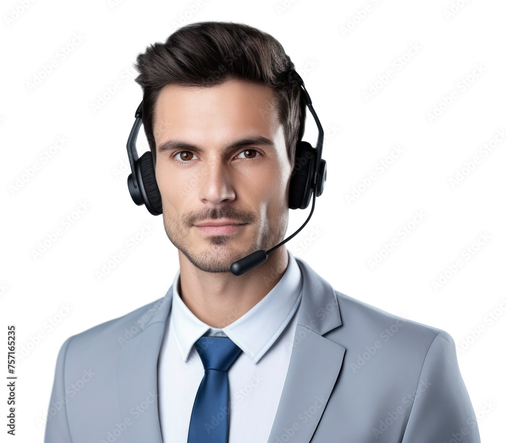 Portrait of handsome call center operator isolated on white background, Man with headphones looking at camera and smiling Portrait of handsome call center operator isolated on white background, Man with headphones looking at camera and smiling