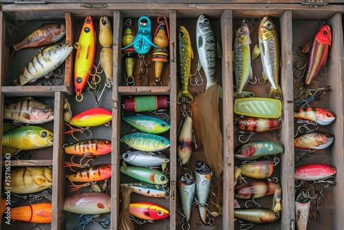 A box filled with an extensive variety of fishing lures, perfect for any anglers tackle box, A fisherman's tackle box filled with colorful variety of baits and lures, AI Generated