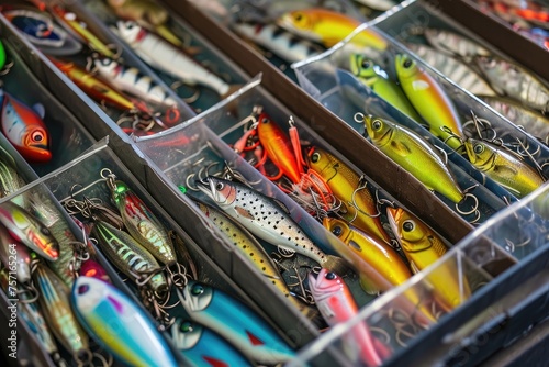 A box filled with a wide variety of fishing lures, offering endless options for anglers, A fisherman's tackle box filled with colorful variety of baits and lures, AI Generated © Iftikhar alam