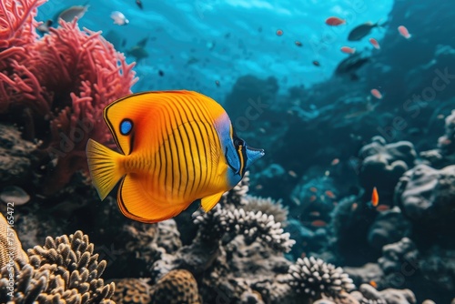 A vibrant yellow and blue fish swimming among coral reef teeming with life, A flamboyant and radiant tropical Butterflyfish among coral canyons, AI Generated