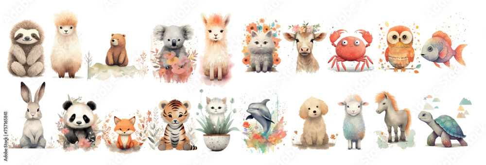 Naklejka premium Whimsical Collection of Watercolor Animals: A Diverse Set of Cute, Hand-Painted Creatures, Perfect for Children’s Books