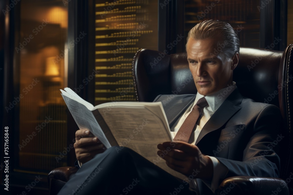 Businessman reading a financial report in a leather chair. Businessman reading a financial report in a leather chair.