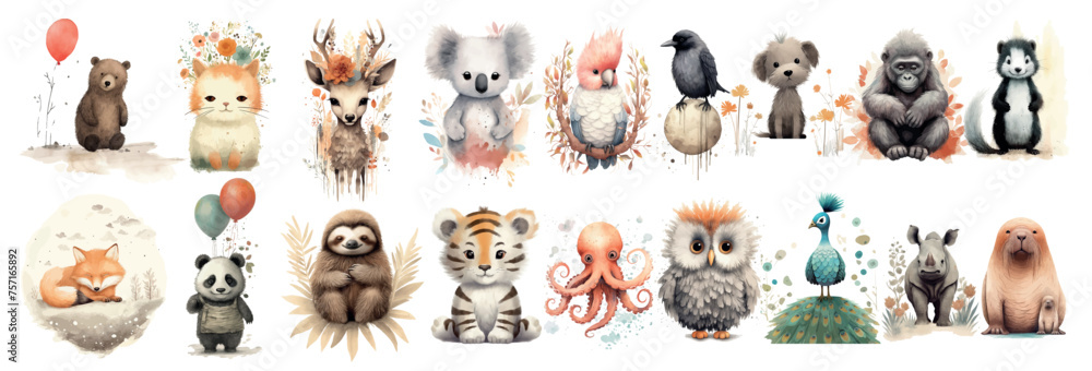 Obraz premium Whimsical Collection of Watercolor Animals: A Diverse Set of Cute, Hand-Painted Creatures, Perfect for Children’s