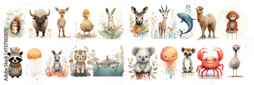 Whimsical Collection of Watercolor Animals: A Diverse Set of Cute, Hand-Painted Creatures, Perfect for Children’s Books, Decor