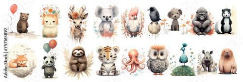 Whimsical Collection of Watercolor Animals: A Diverse Set of Cute, Hand-Painted Creatures, Perfect for Children’s photo