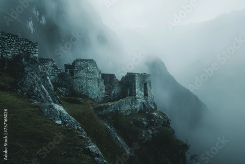 A majestic castle sits atop a misty mountain  shrouded in fog  A foggy mountain pass with ancient stone structures  AI Generated