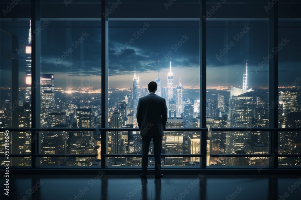 Businessman on window looking at city skyline