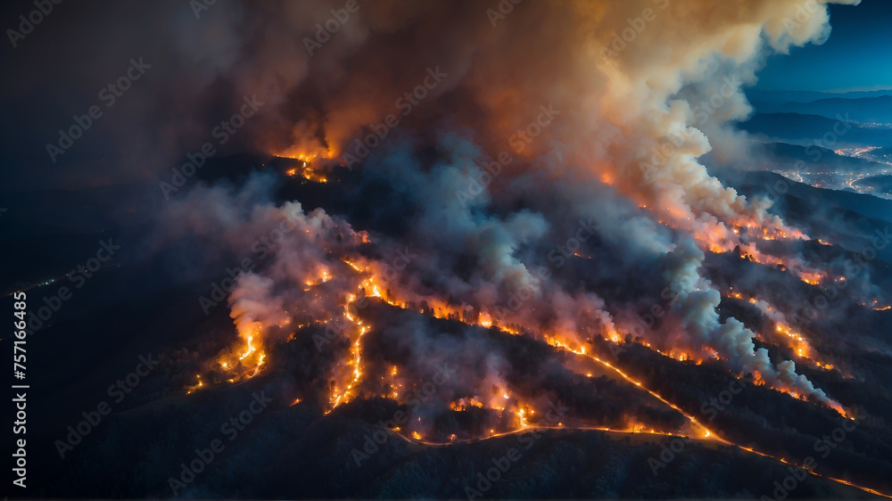 Aerial view of forest fire at night 