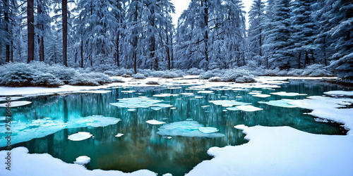 Frozen Fairy Pond. In the heart of a snow-covered forest, a pond lies frozen. © Olga Khoroshunova