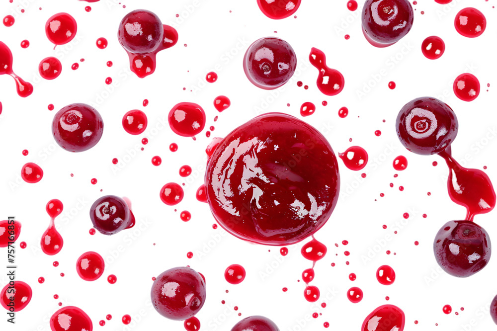 Drops and stains of red berry jam, sauce top view isolated on transparent background. Cranberry Jam drops close up Drops and stains of red berry jam, sauce top view isolated on transparent background. Cranberry Jam drops close up