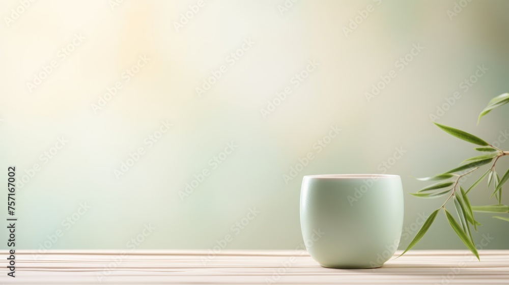 Product photo, delicate celadon porcelain teacup, soft colours, bamboo environment, minimalism, dreamy ethereal bokeh background  - obrazy, fototapety, plakaty 