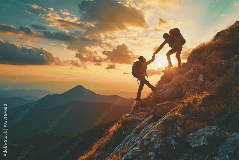 A stunning photo of two individuals ascending a mountain as the sun sets, A friend reaching out to aid a hiker in conquering the mountaintop, AI Generated