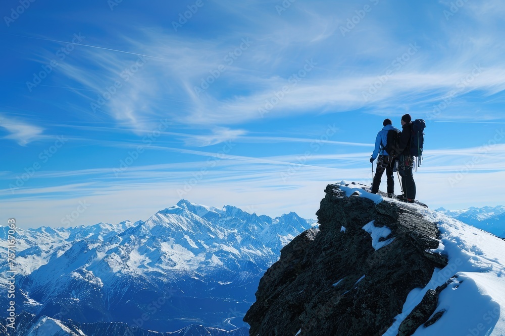 Couple Standing on Snow Covered Mountain, Enjoying View of Winter Landscape, A friendship tested and proven in the challenge of reaching a mountain crest, AI Generated