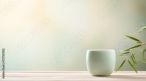 Product photo, delicate celadon porcelain teacup, soft colours, bamboo environment, minimalism, dreamy ethereal bokeh background  photo