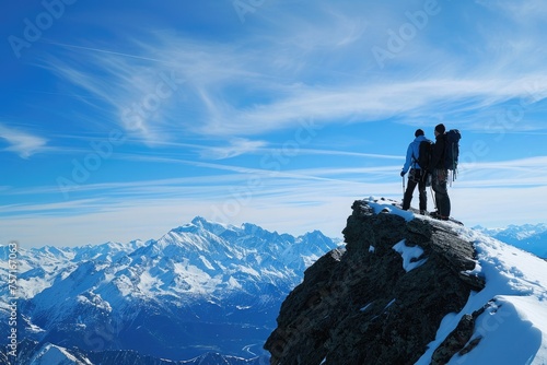 Couple Standing on Snow Covered Mountain, Enjoying View of Winter Landscape, A friendship tested and proven in the challenge of reaching a mountain crest, AI Generated