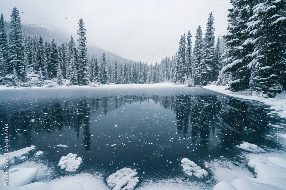 Obraz premium A picturesque lake rests peacefully amidst a stunning winter landscape blanketed by snow-covered evergreen trees, A frozen lake surrounded by snow-covered pine trees, AI Generated
