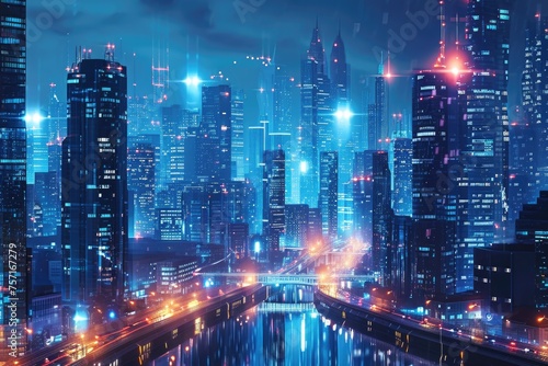 A mesmerizing view of a city at night with a river flowing through it, reflecting the vibrant city lights, A futuristic city powered and operated through blockchain technology, AI Generated