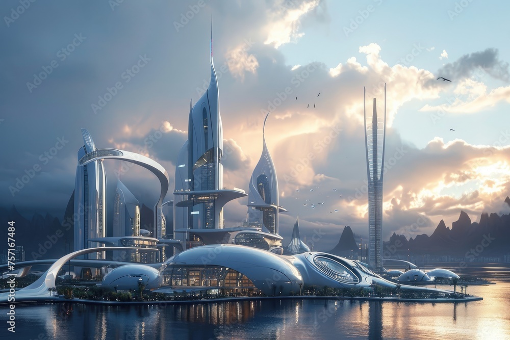 A captivating view of a cutting-edge city, with towering buildings and a sleek, advanced urban environment, A futuristic construction site incorporating renewable energy technologies, AI Generated