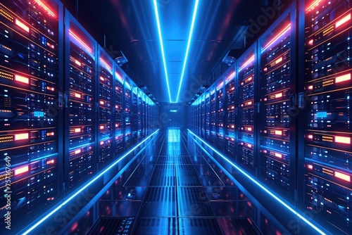 Photo of a vast, elongated space filled with multiple lines of server racks, A futuristic data center with glowing servers, AI Generated