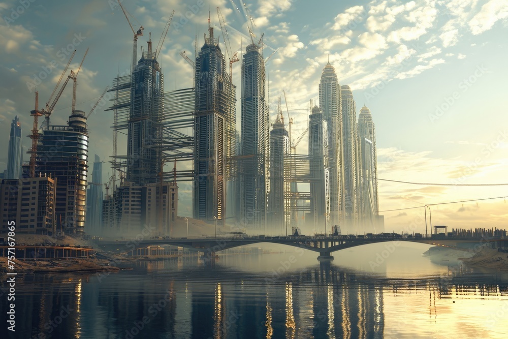 An urban landscape featuring a city skyline with a bridge spanning a body of water, A futuristic look at civil engineering blended with an under-construction skyline, AI Generated