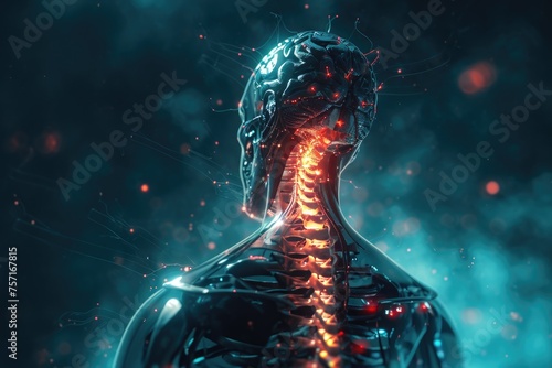 Witness the captivating sight of a glowing skeleton mysteriously emerging from the back of a mans head, A futuristic interpretation of a spinal cord injury, AI Generated photo