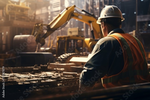 Construction worker operating heavy machinery at site