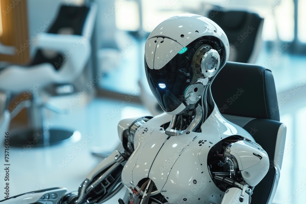 A futuristic robot sitting on top of a chair in a bright, minimalistic room, A futuristic robotic hairdresser in a high-tech salon, AI Generated A futuristic robot sitting on top of a chair in a bright, minimalistic room, A futuristic robotic hairdresser in a high-tech salon, AI Generated