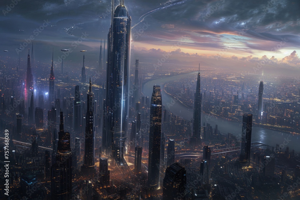 A breathtaking view of a bustling metropolis filled with towering skyscrapers and futuristic architecture, A futuristic skyscraper rising high above the cityscape, AI Generated - obrazy, fototapety, plakaty 