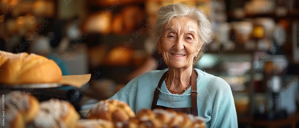 A business owner in her bakery. Happy old woman working in her bakery. Old Woman's Small Business.