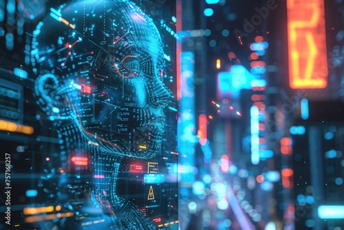 Mans Face in a Futuristic City, A Glimpse Into Tomorrows Urban Landscape, A futuristic view of AI-powered digital promotions, AI Generated