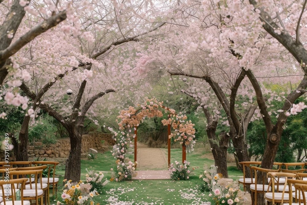 Outdoor Ceremony Setup for Wedding, Beautiful, Elegant Decor in Natural Setting, A garden filled with blooming cherry blossoms for a spring wedding set up, AI Generated Outdoor Ceremony Setup for Wedding, Beautiful, Elegant Decor in Natural Setting, A garden filled with blooming cherry blossoms for a spring wedding set up, AI Generated