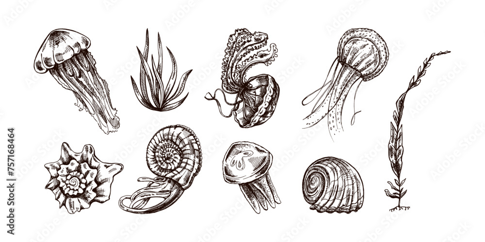 Seashells, jellyfishes, ammonite, nautilus mollusc, seaweed vector set. Hand-drawn sketch illustration. Collection of realistic sketches of various ocean creatures isolated on white background. - obrazy, fototapety, plakaty 