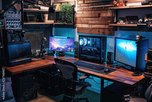A productive workstation featuring a computer desk with two monitors and a keyboard, A gaming developerâ€™s workspace with advance equipment, AI Generated photo