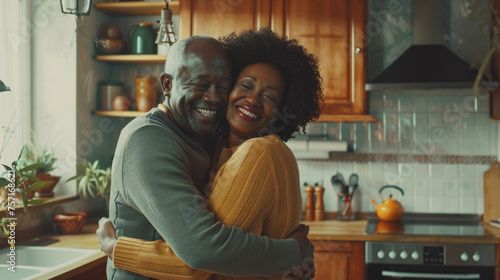 Portrait of a lovely mature black afro american couple at home in the kitchen photo