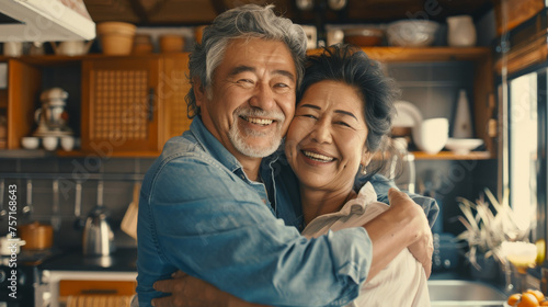 Portrait of a lovely mature Asian couple at home in the kitchen photo