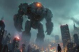 A man stands in awe in front of a colossal robot amidst a bustling cityscape, A giant robot safeguarding a city, AI Generated