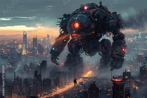 A massive robot dominates the cityscape, mesmerizing with its presence and evoking a sense of awe and wonder, A giant robot safeguarding a city, AI Generated photo