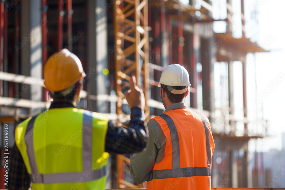 Construction Workers Inspecting Site with Crane in Background Construction Workers Inspecting Site with Crane in Background