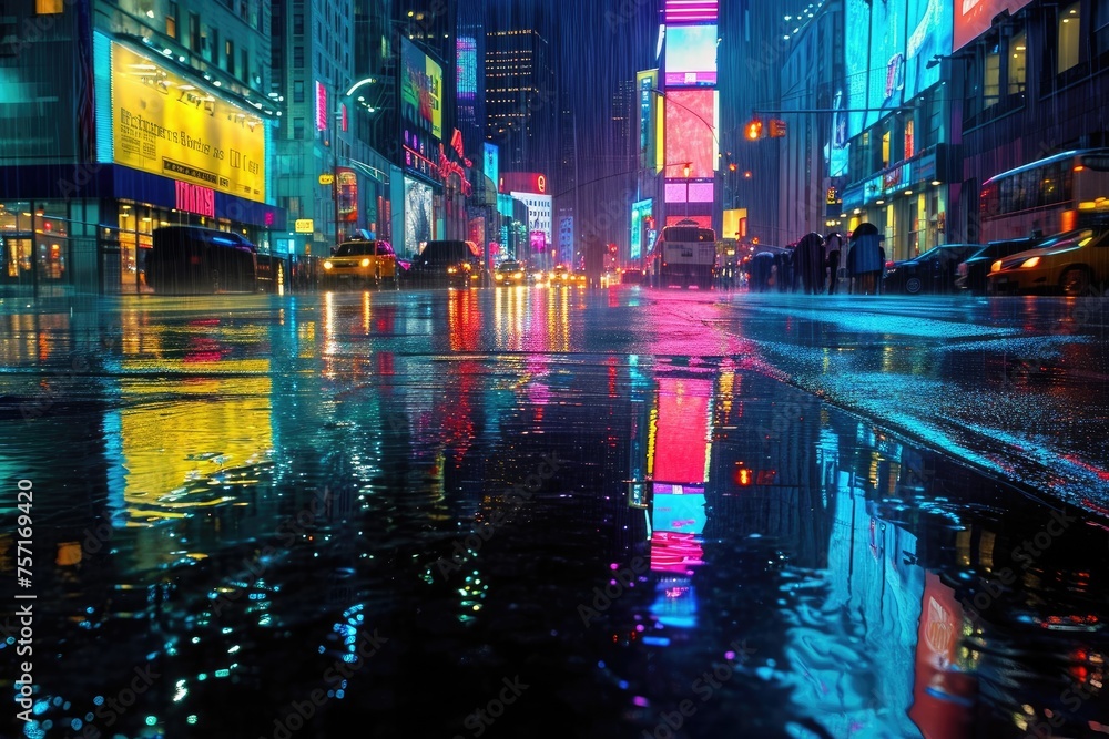 A photograph capturing a vibrant city street teeming with relentless traffic during the night, A glowing neon cityscape reflected in rain-soaked streets, AI Generated